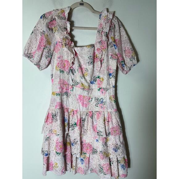 Adelyn Rae Pink Floral Eyelet Half Sleeve Tiered Ruffle Mini Dress Sz M - Picture 1 of 2